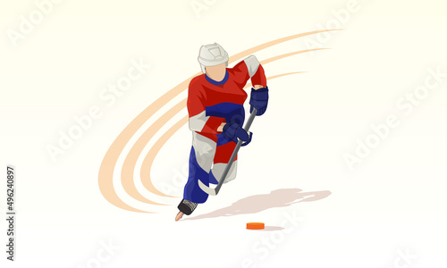 A young athlete on roller skates with a hockey stick run after the puck.