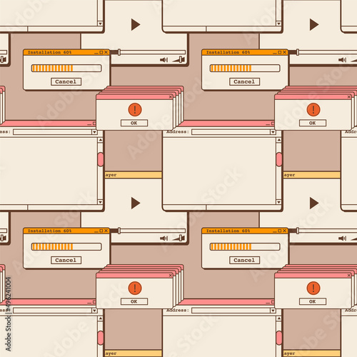Old computer aesthetic seamless pattern. Retro screen panel with user interface elements. Message windows with buttons, dialog box and error. 1980s 1990s nostalgia background. Vector illustration.