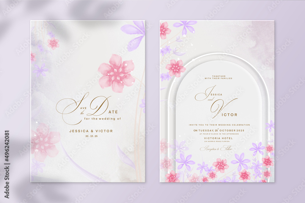 Floral Wedding Invitation and Save the Date with Red and Purple Flower