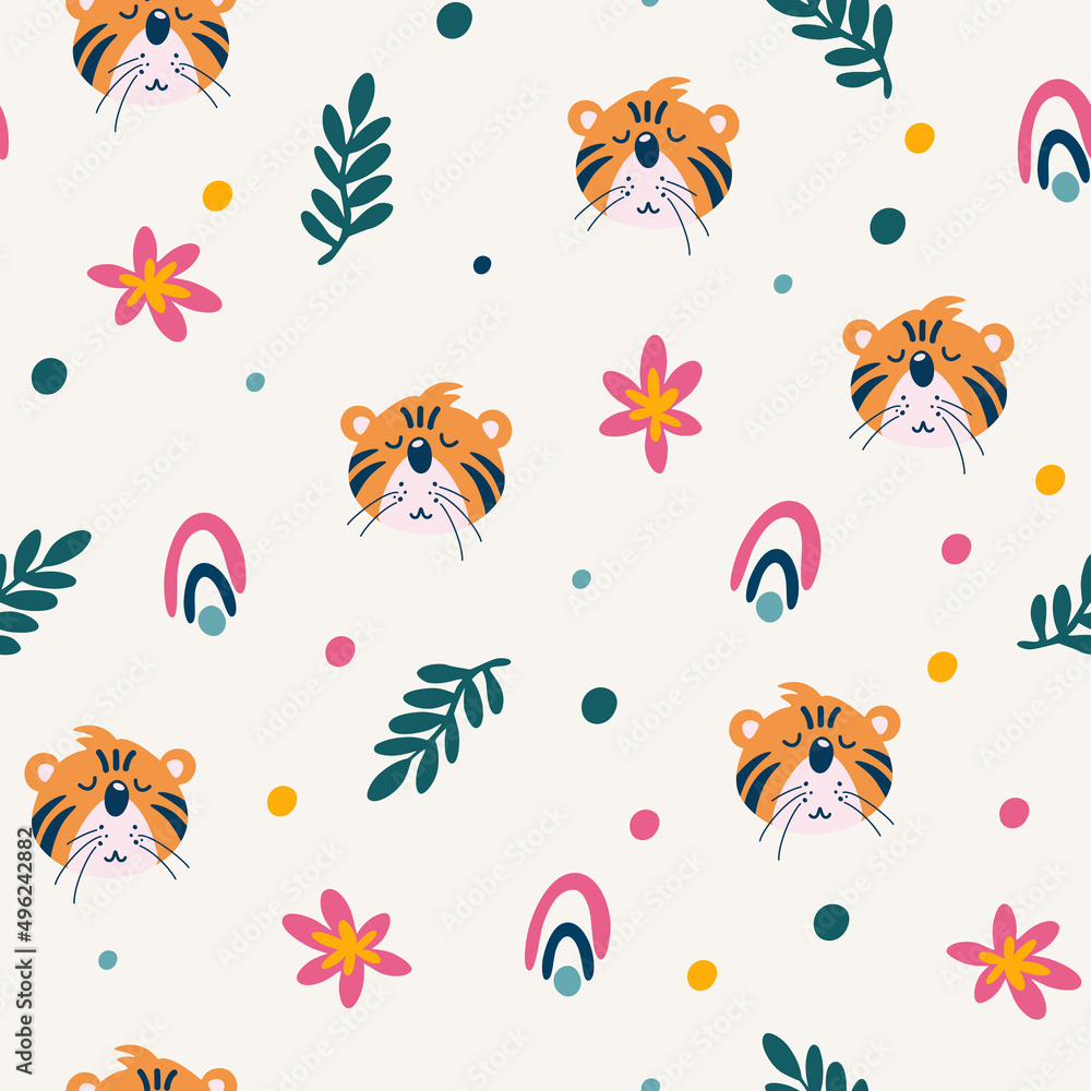 Fototapeta premium Tiger seamless pattern. Muzzle of a cute tiger cub with jungle plants. Tropical Animals. Children design for fabric, print, wrapper, textile. Vector flat illustration for kids....