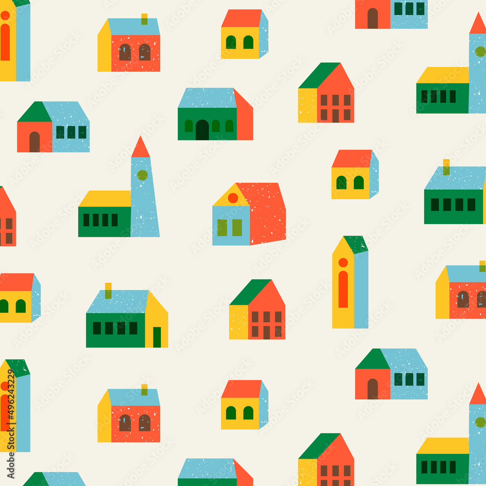 Pattern with small houses in the primary colors. Colorful buildings with vintage style windows. Vector flat illustration.