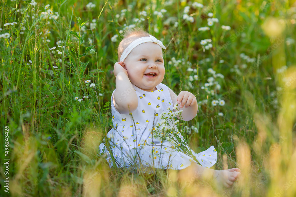 charming little girl in a white dress is sitting on a flower meadow. child playing outdoors charming little girl in a white dress is sitting on a flower meadow. child playing outdoors