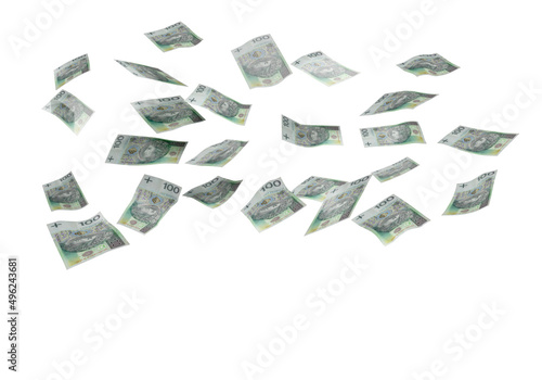 Flying polish 100 zloty banknotes isolated on white background.