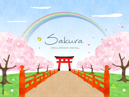 春　桜と鳥居の背景イラスト