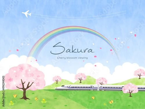 満開の桜と新幹線　水彩風ベクターイラスト