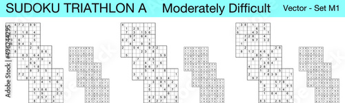 A set of 3 moderately difficult scalable sudoku Triathlon A puzzles suitable for kids, adults and seniors and ready for web use, or to be compiled into a standard or large print activity book.