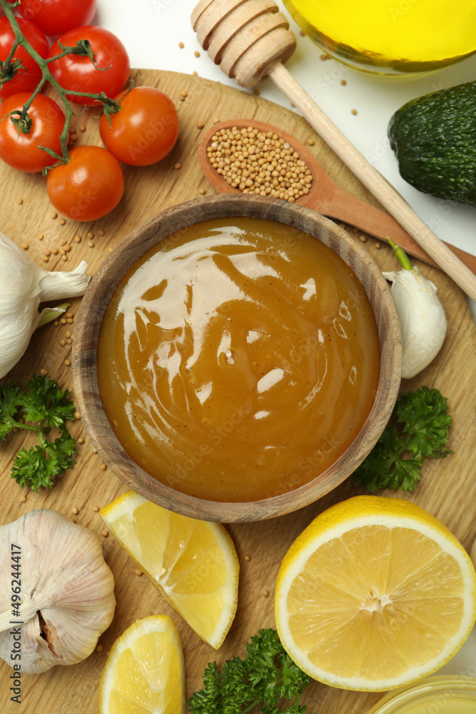 Concept of tasty food with sauce, top view Concept of tasty food with sauce, top view