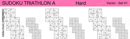 A set of 3 hard scalable sudoku triathlon A puzzles suitable for kids, adults and seniors and ready for web use, or to be compiled into a standard or large print activity book.