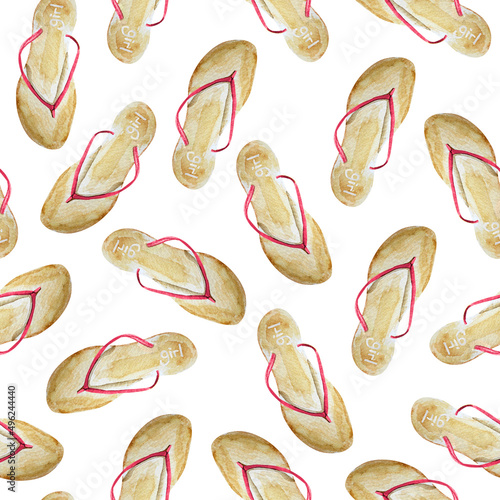 Pink flip flops for girl watercolor seamless pattern. Template for decorating designs and illustrations.	
