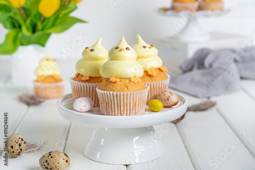 Cute Easter chick cupcakes. Vanilla cupcakes with buttercream on a white stand with fresh flowers on a white wooden background. Copy space.