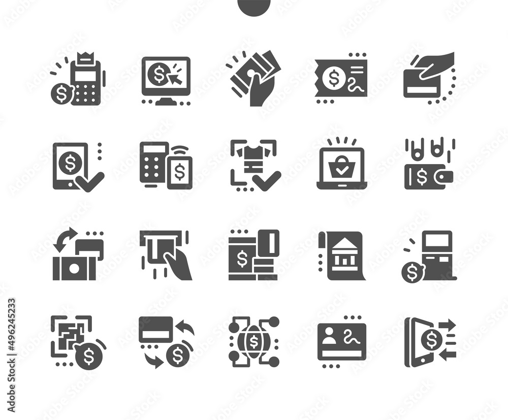 Payment method elements. Payment by phone. Wallet and e-shopping. Digital, customer, purchase, paying, ecommerce and transaction. Vector Solid Icons. Simple Pictogram