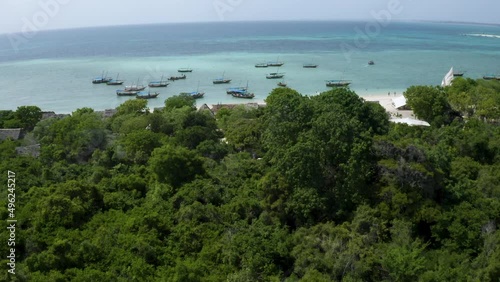 Wallpaper Mural Anchored fishing boats on tropical beach with rainforest, drone shot. Torontodigital.ca