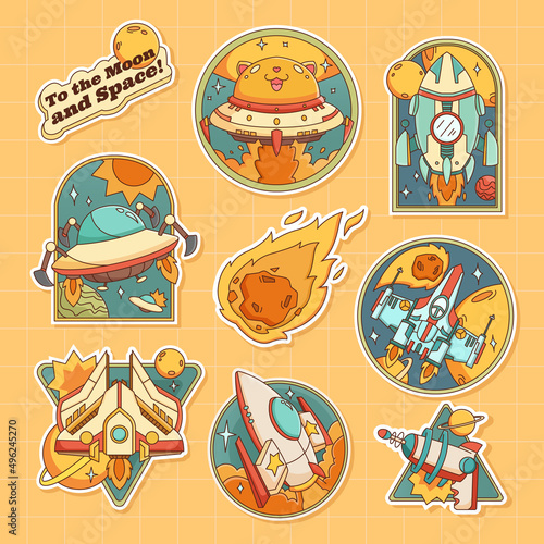 Line Art chunky Hippie Retro spaceship stickers, psychedelic groovy set bundle elements. Cute vintage icons Sticker Label in 70s, 80s, 90s style. Flat vector illustration, spacecraft design templates.