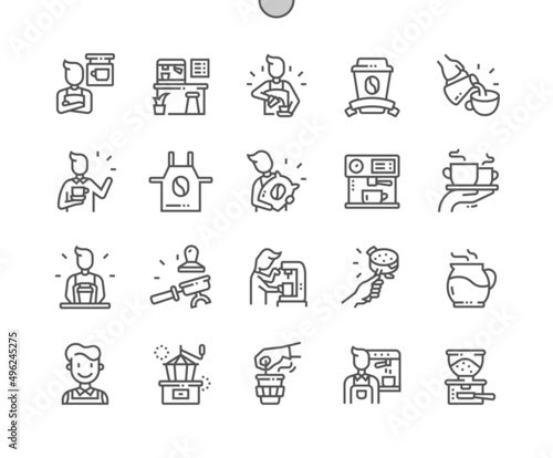 Barista. Making coffee. Coffee grinder. Portafilter. Pixel Perfect Vector Thin Line Icons. Simple Minimal Pictogram