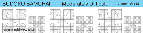A set of 3 moderately difficult scalable sudoku samurai puzzles suitable for kids, adults and seniors and ready for web use, or to be compiled into a standard or large print activity book.