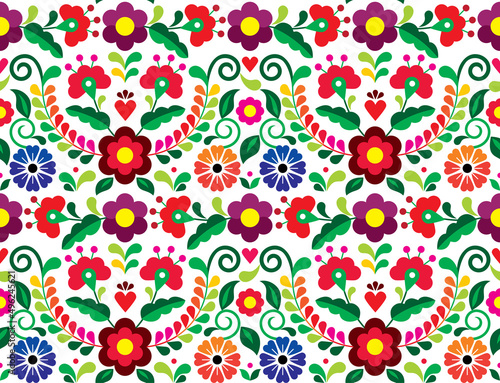 Seamless vector pattern with Mexican floral morif, textile or fabric print design inspired by traditional embroidery crafts from Mexico
 