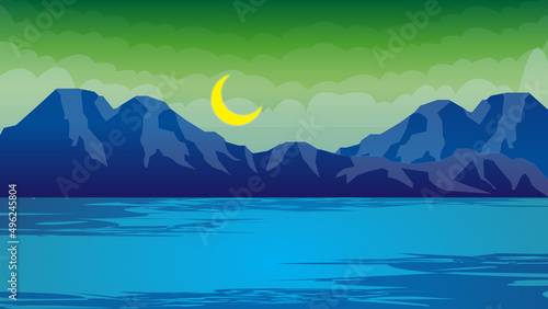 Animated lake landscape view with moon and clouds in sky-high resolution.