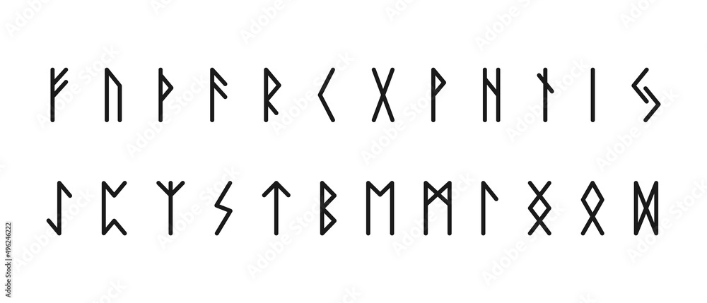 Scandinavian ancient runes. Black symbols of letters of esoteric germans and norwegians. Ettir hieroglyphic alphabet with clinographic vector futhark Scandinavian ancient runes. Black symbols of letters of esoteric germans and norwegians. Ettir hieroglyphic alphabet with clinographic vector futhark