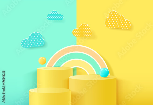 Stand and display colorful pastel clouds and rainbow. 3D rendering. A scene for advertising, Minimalist mockup for podium display or showcase.