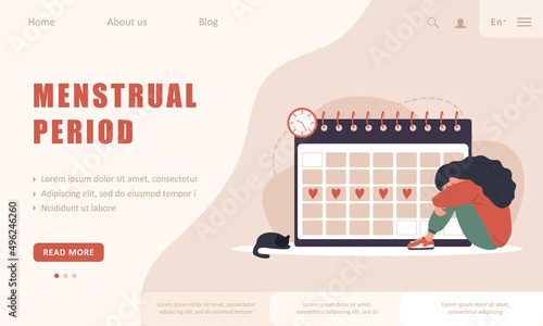Menstruation calendar shedule. Landing page template. Woman period. Female critical day problems. Sad girl with pms. Vector illustration in flat cartoon style.