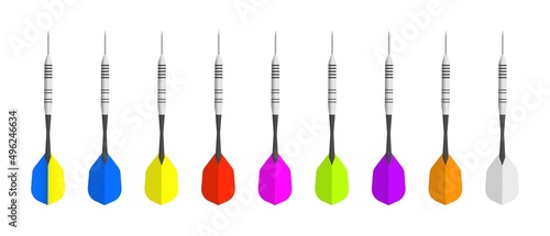 Multicolored darts for playing set. Green and red arrows for gaming competition. Purple throwable objects for business marketing and accurate vector achievements