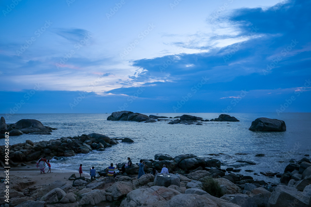 Sunset view point  Vivekananda rock memorial AND Thiruvalluvar statue near sea at Kanyakumari Tamilnadu South India