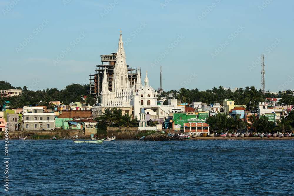 Our Lady of Ransom church Vivekananda rock memorial AND Thiruvalluvar statue near sea at Kanyakumari Tamilnadu South India