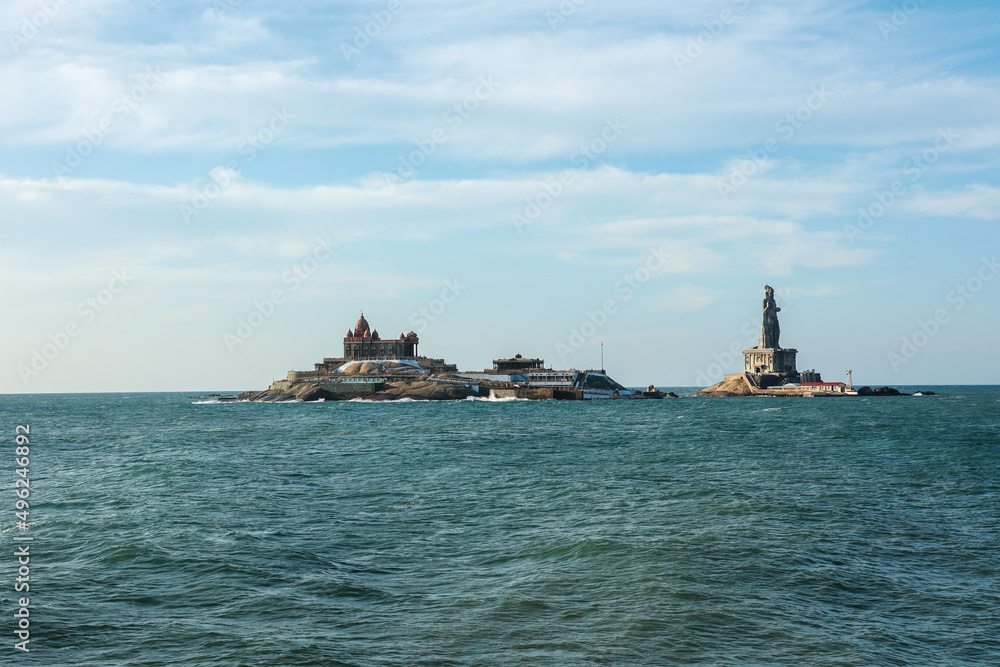 Vivekananda rock memorial AND Thiruvalluvar statue near sea at Kanyakumari Tamilnadu South India