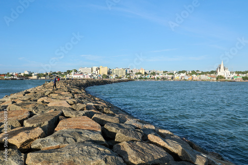 Vivekananda rock memorial AND Thiruvalluvar statue near sea at Kanyakumari Tamilnadu South India photo