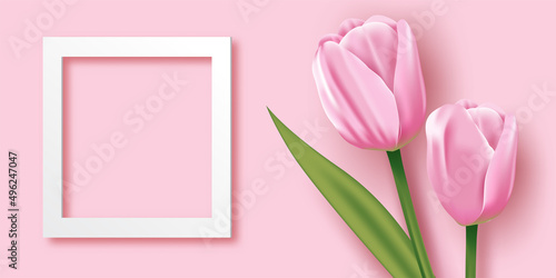 Mother's day mock up. Blank frame and Pink tulips on a pink background, Vector