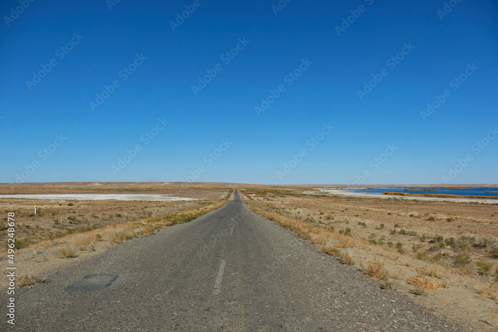 The road along the desert area of the Aral region