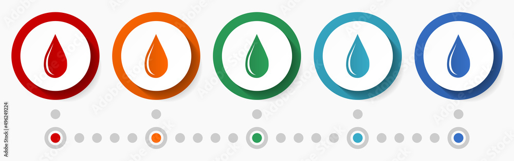 Oil, water drop concept vector icon set, flat design colorful buttons, infographic template in 5 color options Oil, water drop concept vector icon set, flat design colorful buttons, infographic template in 5 color options