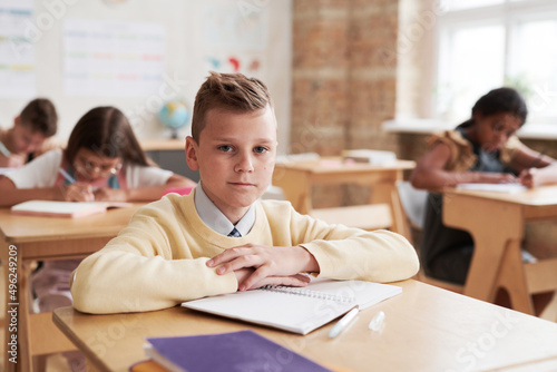 Portrait of schoolboy looking at camera while sitting at desk in classroom with wooden decor, copy space