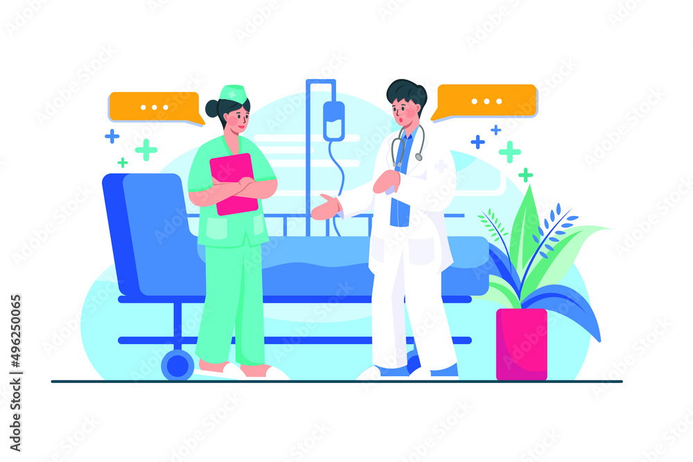 Nurses discuss with a doctor Illustration concept. Flat illustration isolated on white background. Nurses discuss with a doctor Illustration concept. Flat illustration isolated on white background.