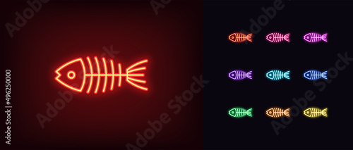 Outline neon fish skeleton icon. Glowing neon fishbone sign, fish spine pictogram