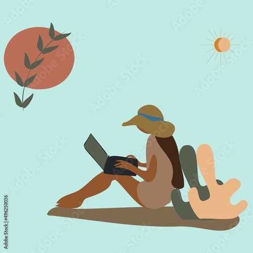 Person with a laptop. Freelance girl on beach. Flat vector illustration of a girl. Young women texting on vacation.