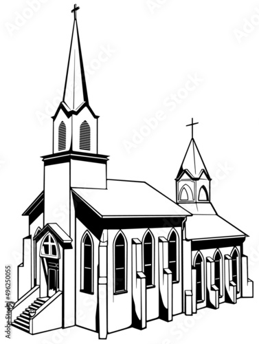 Drawing of a Christian Brick Church - Black Illustration Isolated on White Background, Vector