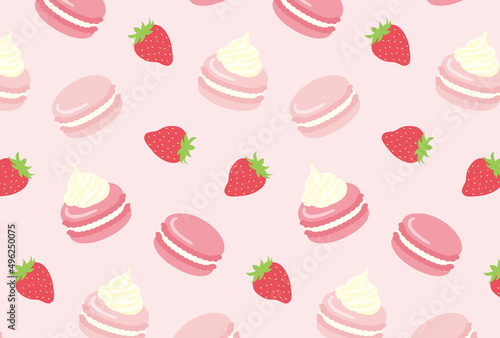 seamless pattern with French macarons and strawberries for banners, cards, flyers, social media wallpapers, etc.