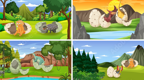 Different prehistoric forest scenes with dinosaur cartoon