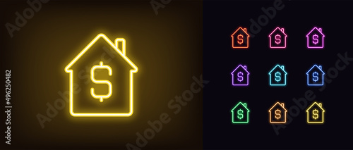 Outline neon home icon. Glowing neon home with dollar sign, house buy and sell pictogram