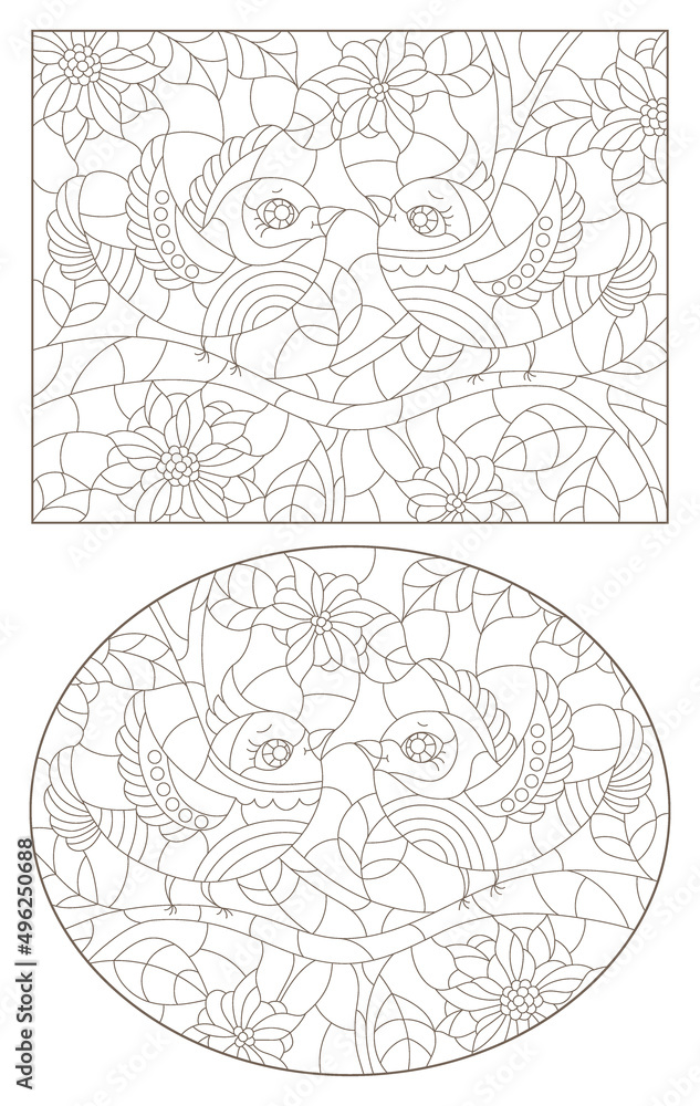 A set of contour illustrations in the style of stained glass with birds on tree branches, dark contours on a white background