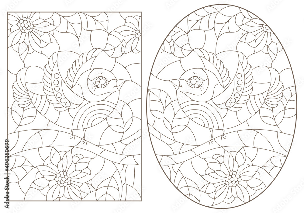 Obraz premium A set of contour illustrations in the style of stained glass with birds on tree branches, dark contours on a white background