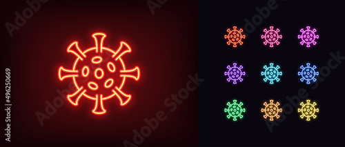Outline neon virus variant icon. Glowing neon virus strain, germ and bacteria mutation pictogram