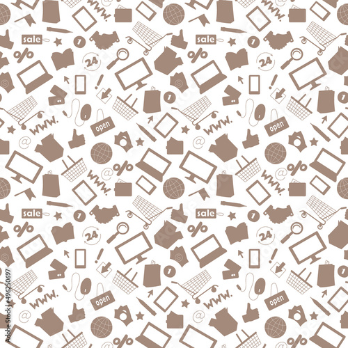 Seamless pattern on the theme of online shopping and Internet shops, brown silhouettes icons on white background