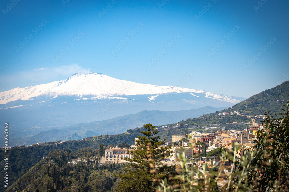view of mount etna, volcano, snow capped, snow, taormina, sicily, italy, europe 