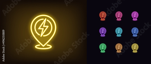 Outline neon electric station pin icon. Glowing neon map pin with lightning sign, charge point pictogram