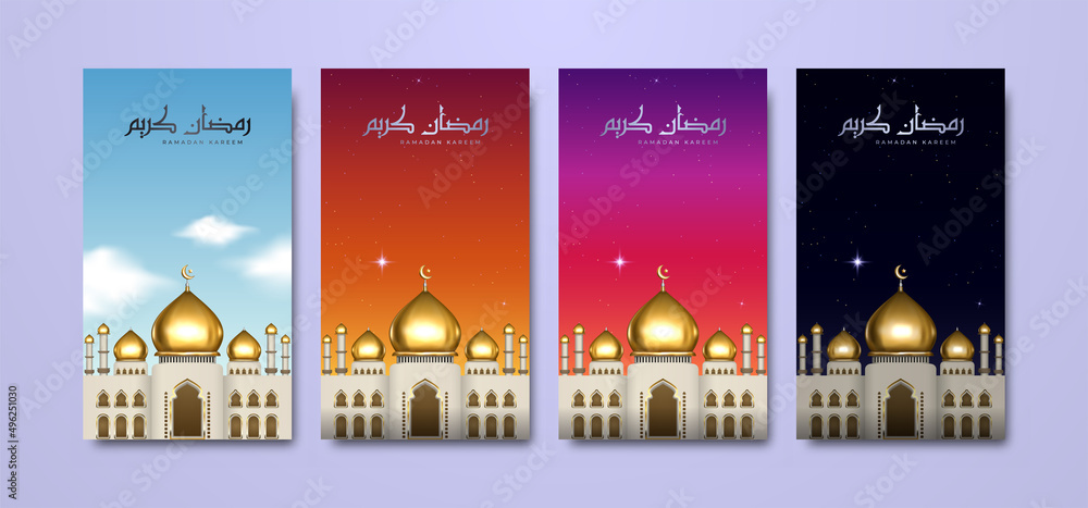 Realistic Ramadan social media stories collection with Arabic calligraphy and golden mosque. Three-dimensional Islamic greeting card for advertisement, sales, promotion, and social media banner