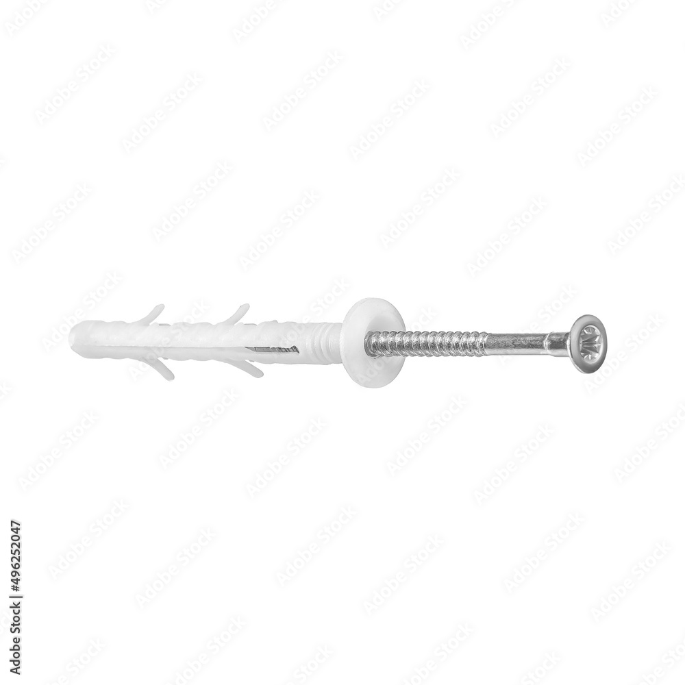 Metal nail, self-tapping screw, screw with a plastic dowel for construction work and repair on a white isolated background. Metal nail, self-tapping screw, screw with a plastic dowel for construction work and repair on a white isolated background.