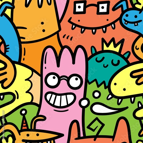 Seamless pattern with cute cartoon creatures on collorful background. Funny cartoon animals print. Doodle monster poster.