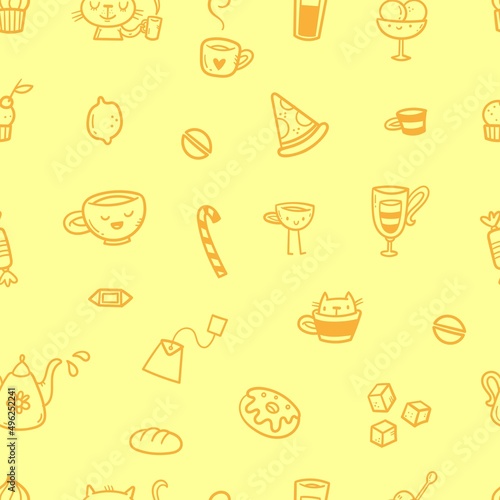 Seamless pattern with food, drinks and utensils on yellow background. Doodle cafe wallpaper. Cute vector print.